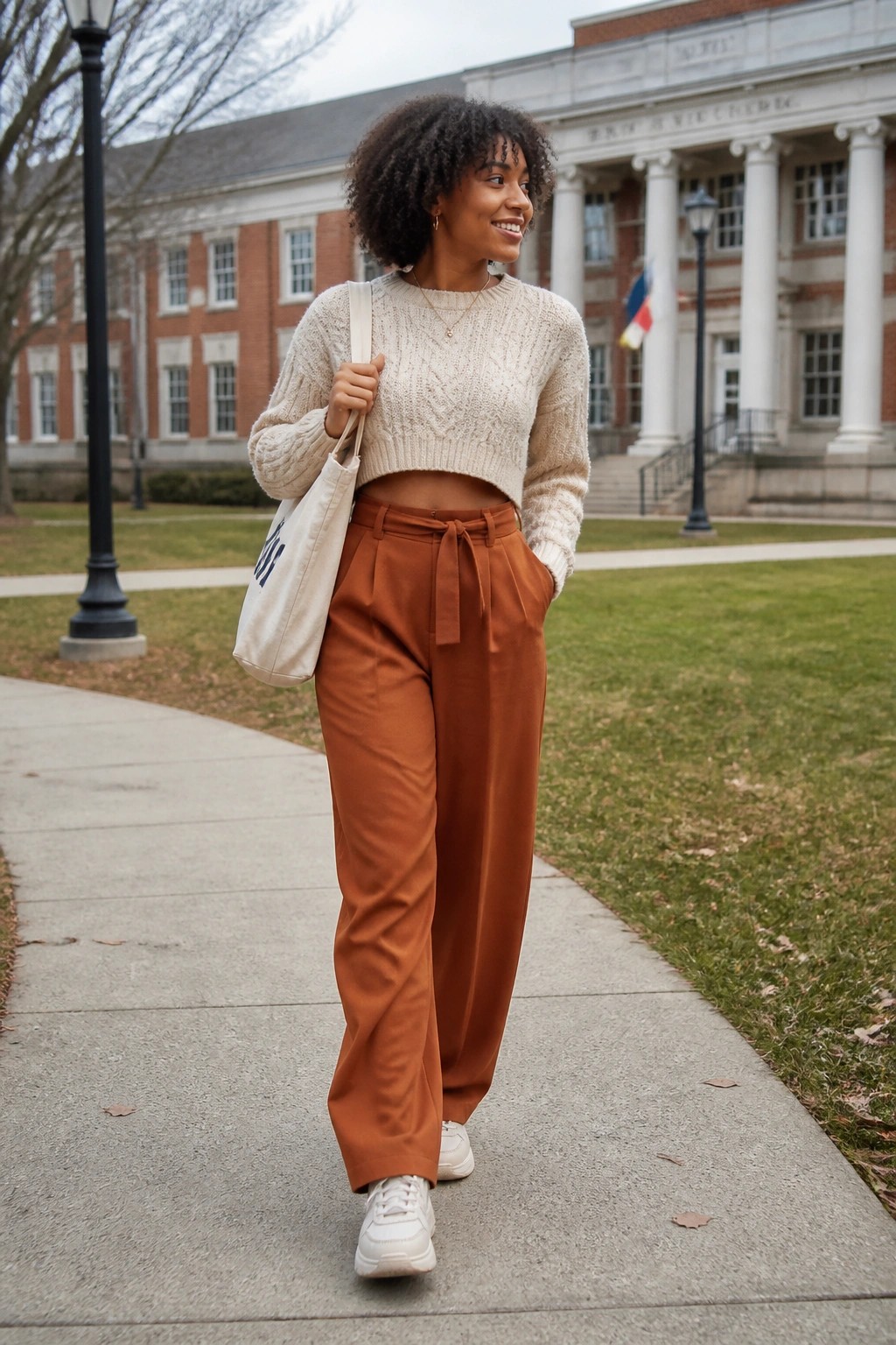 Black woman in cream cropped cable knit sweater over rust wide leg trousers with front tie belt, white sneakers, layered gold necklaces, and cream canvas tote bag.
