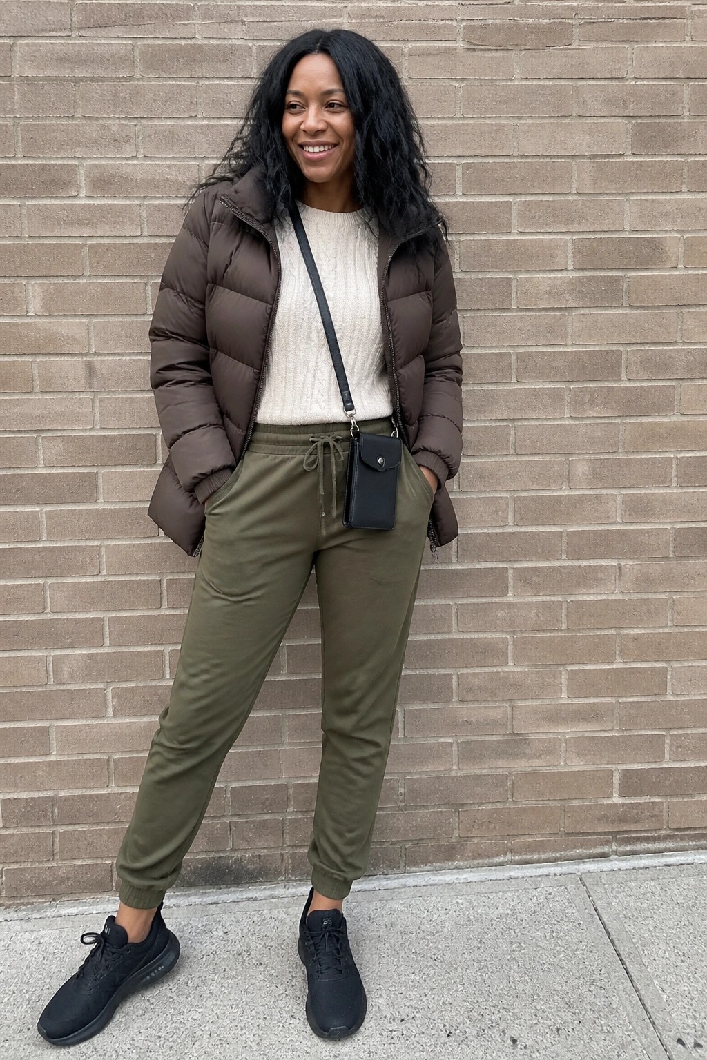 Smiling woman in brown puffer jacket, olive joggers, and black sneakers by brick wall.