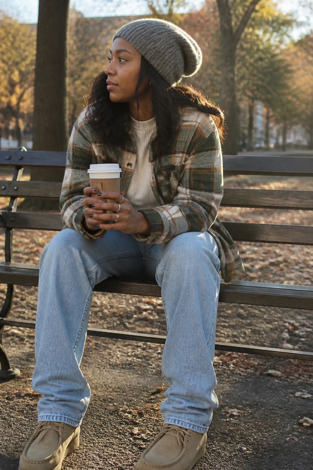 Woman in plaid jacket and beanie holding coffee on autumn park bench