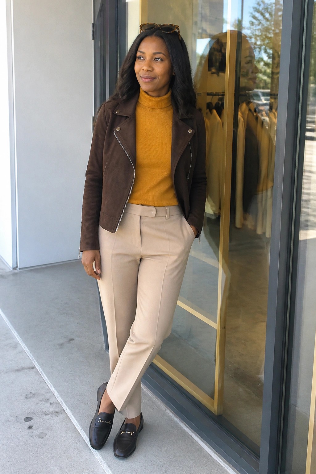 Woman in brown suede jacket, yellow turtleneck, beige pants, and loafers outside store.