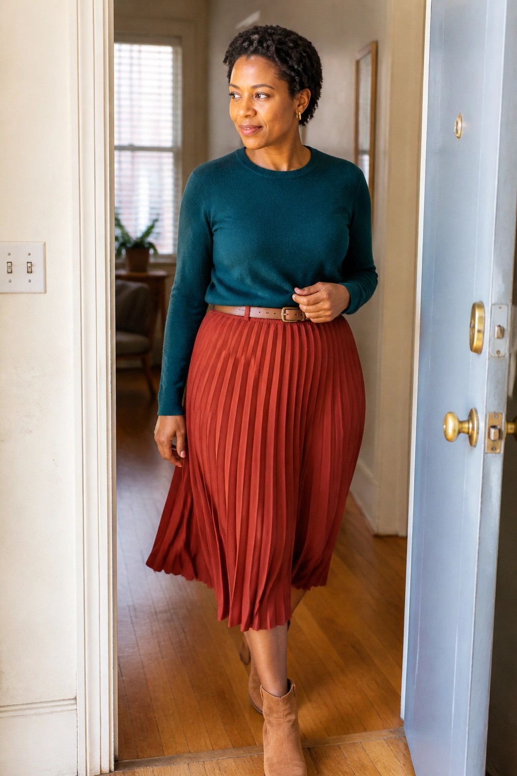 Woman in teal sweater and red pleated skirt standing in home doorway