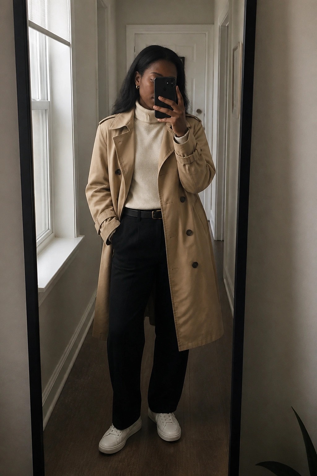 Woman in beige trench coat taking mirror selfie in hallway with black pants and white sneakers