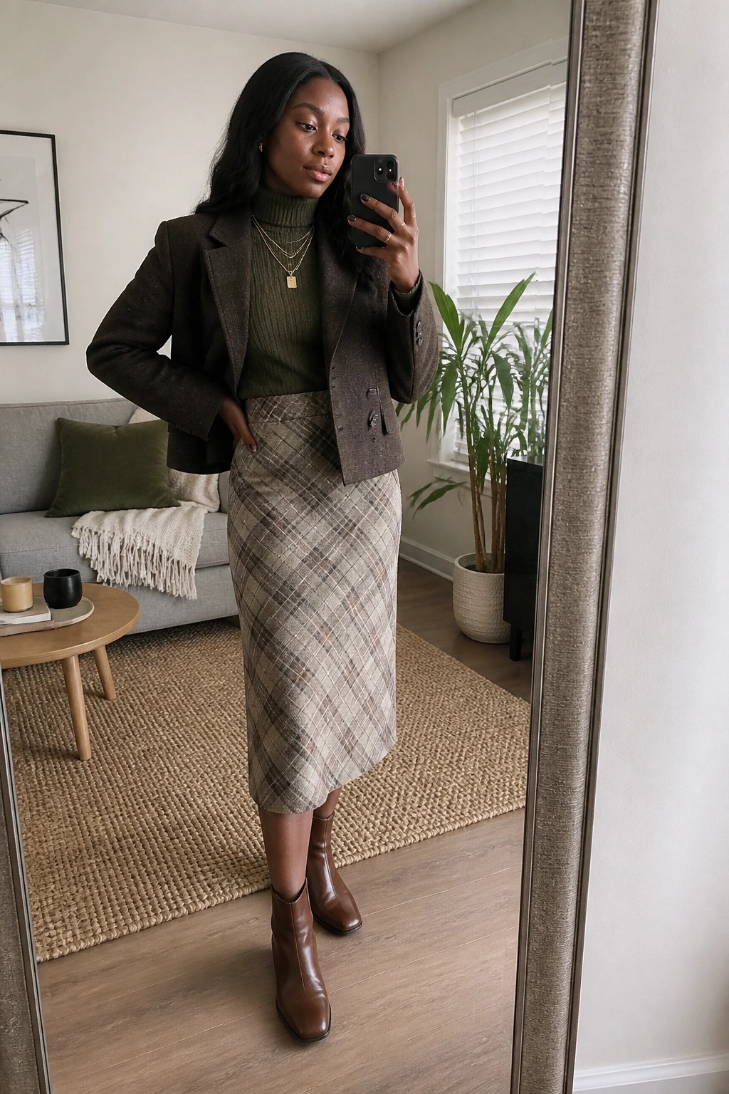 Woman in brown blazer and plaid skirt taking mirror selfie in living room