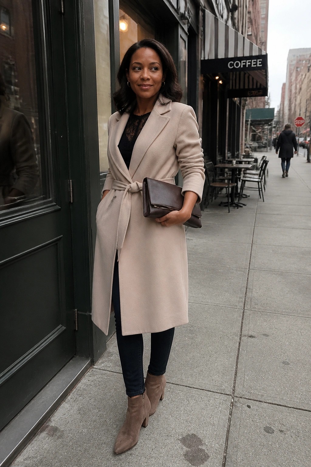 Woman wearing a belted beige wool coat over a black lace top with dark jeans and taupe suede ankle boots while holding a brown clutch.