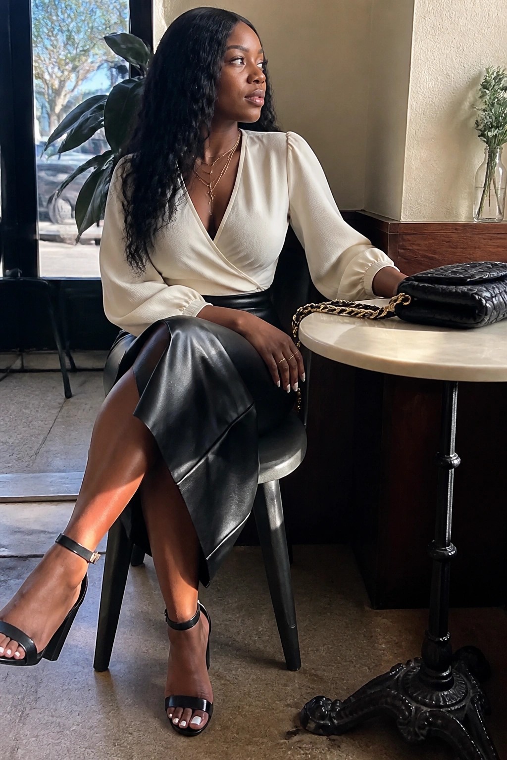 Woman in cream wrap blouse and black leather skirt seated at marble table with handbag