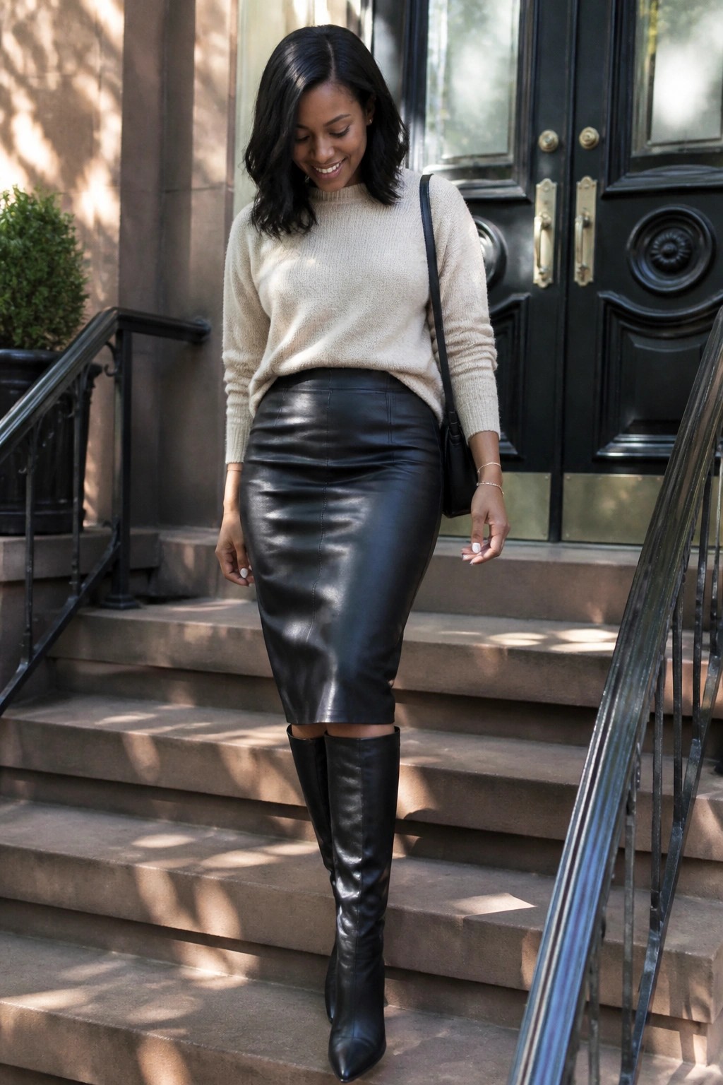 Smiling woman in beige knit sweater and black leather skirt on stone steps