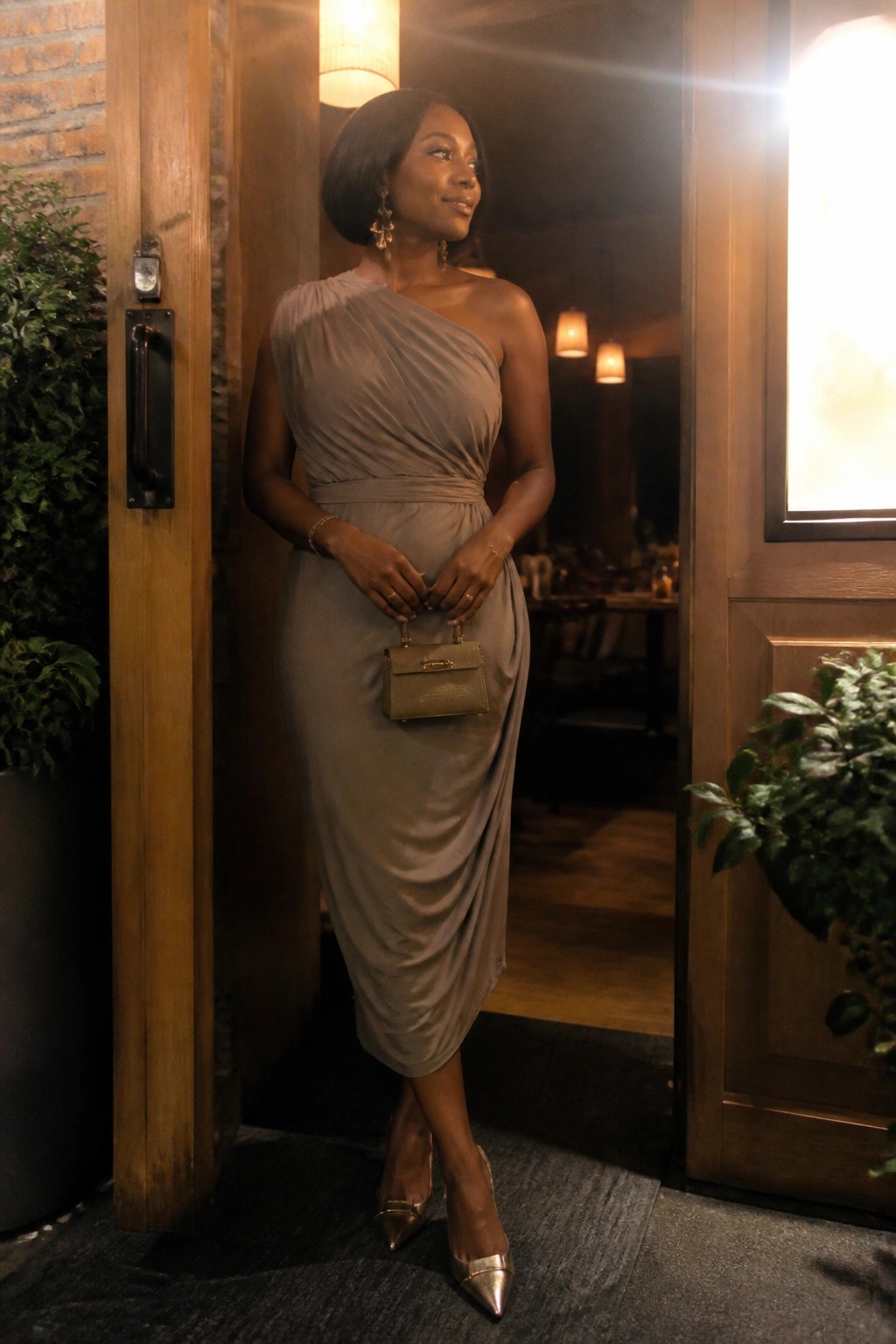 Woman in taupe one-shoulder draped dress holding clutch in wooden doorway