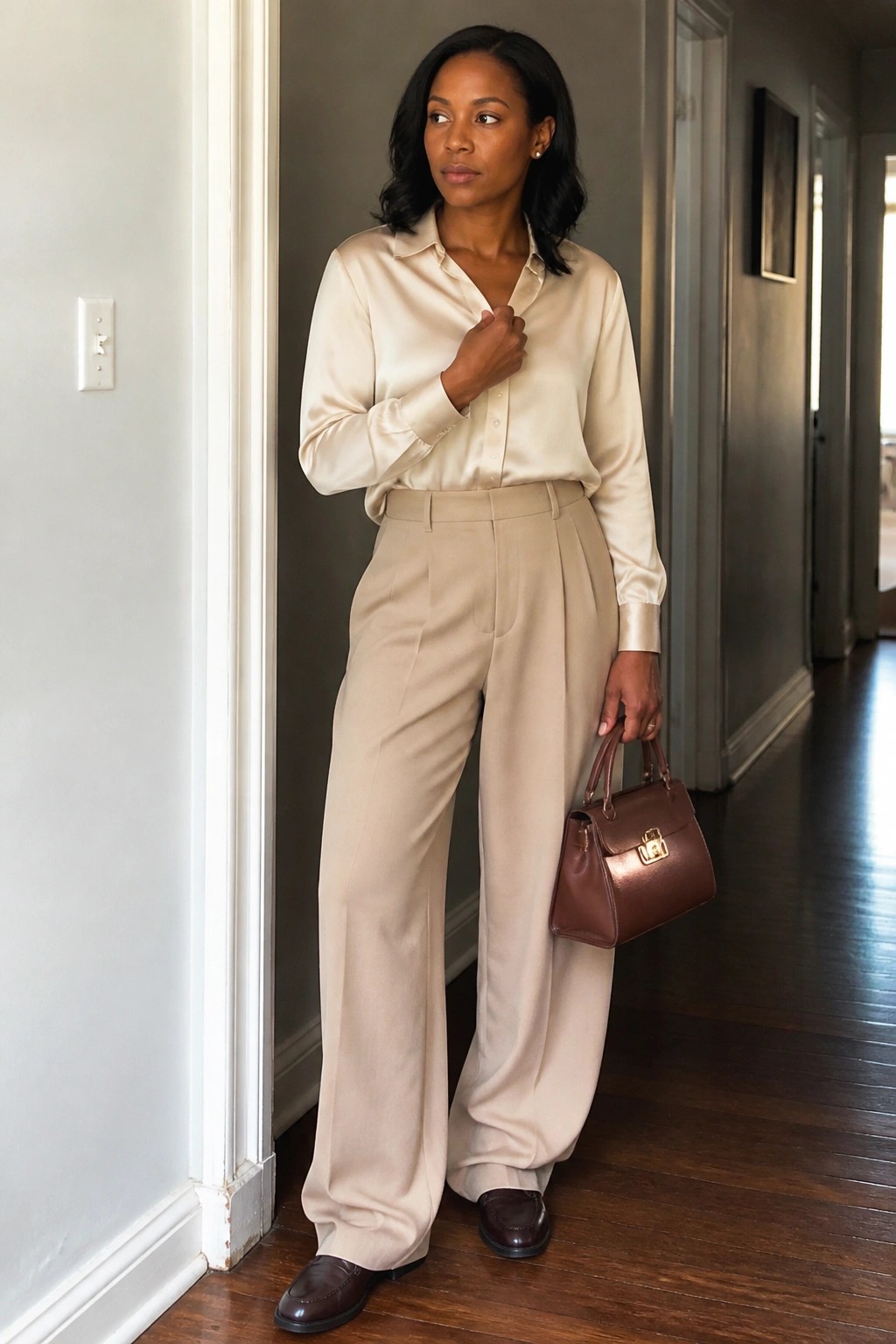 Woman in beige satin blouse and wide-leg trousers holding brown handbag in hallway