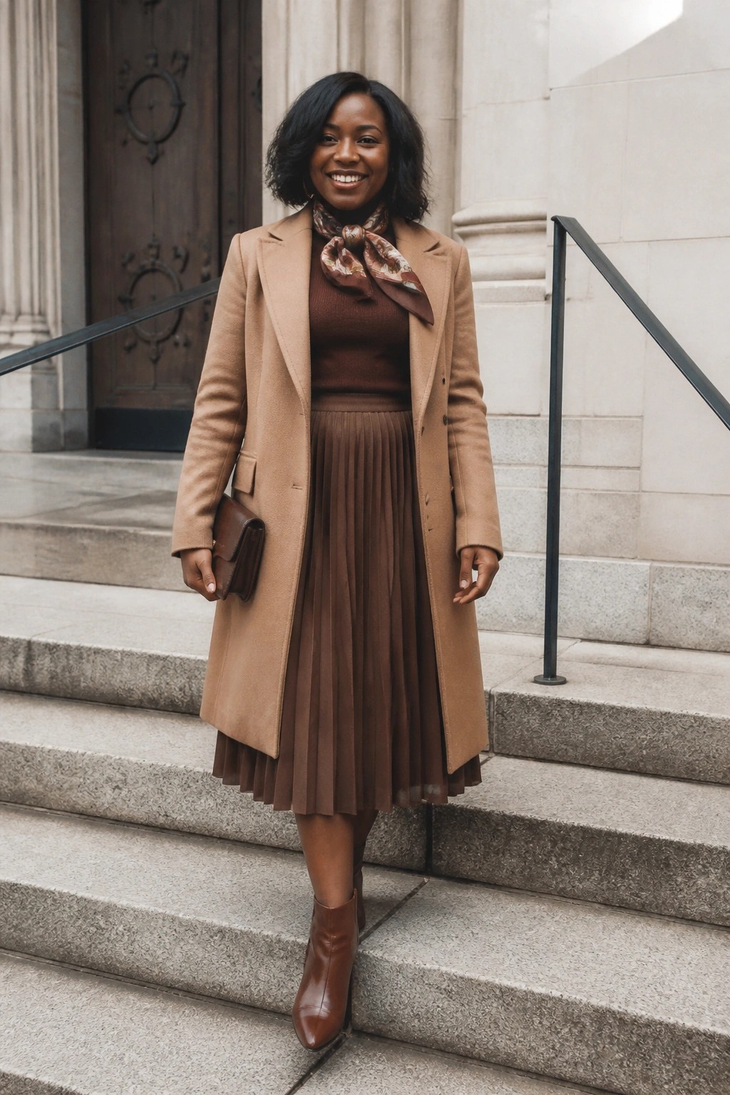 Black woman wearing a camel coat over a brown turtleneck sweater and brown pleated midi skirt, paired with brown ankle boots and a patterned scarf tied at the neck, holding a small brown clutch.