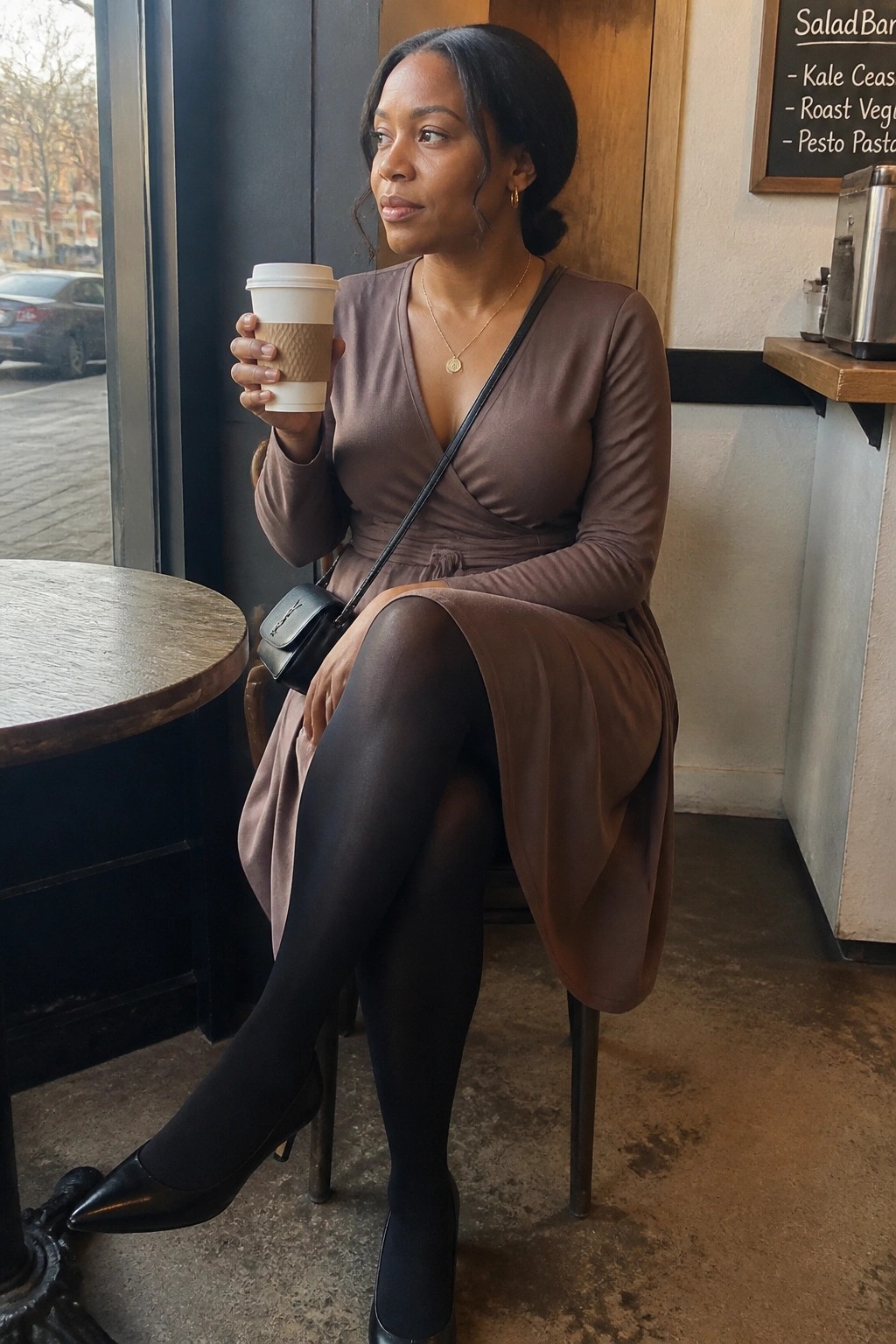 Woman in brown wrap dress holds coffee in cafe wearing black tights and heels.