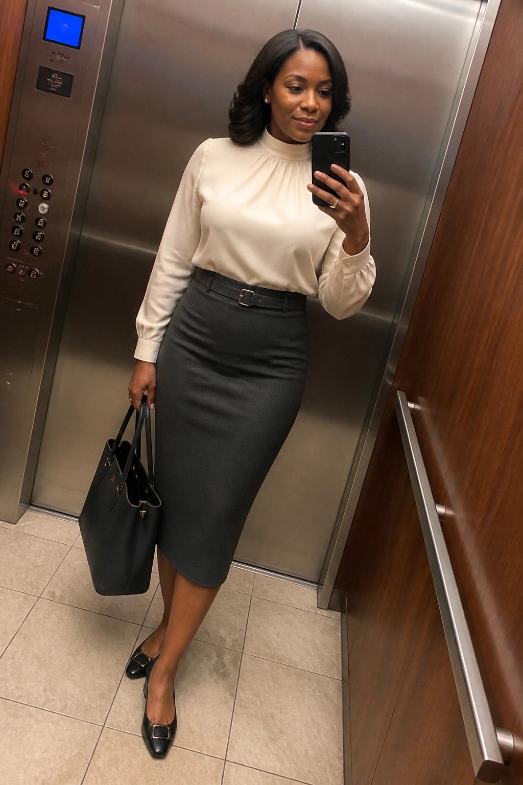 Woman in cream blouse and gray pencil skirt taking selfie in elevator