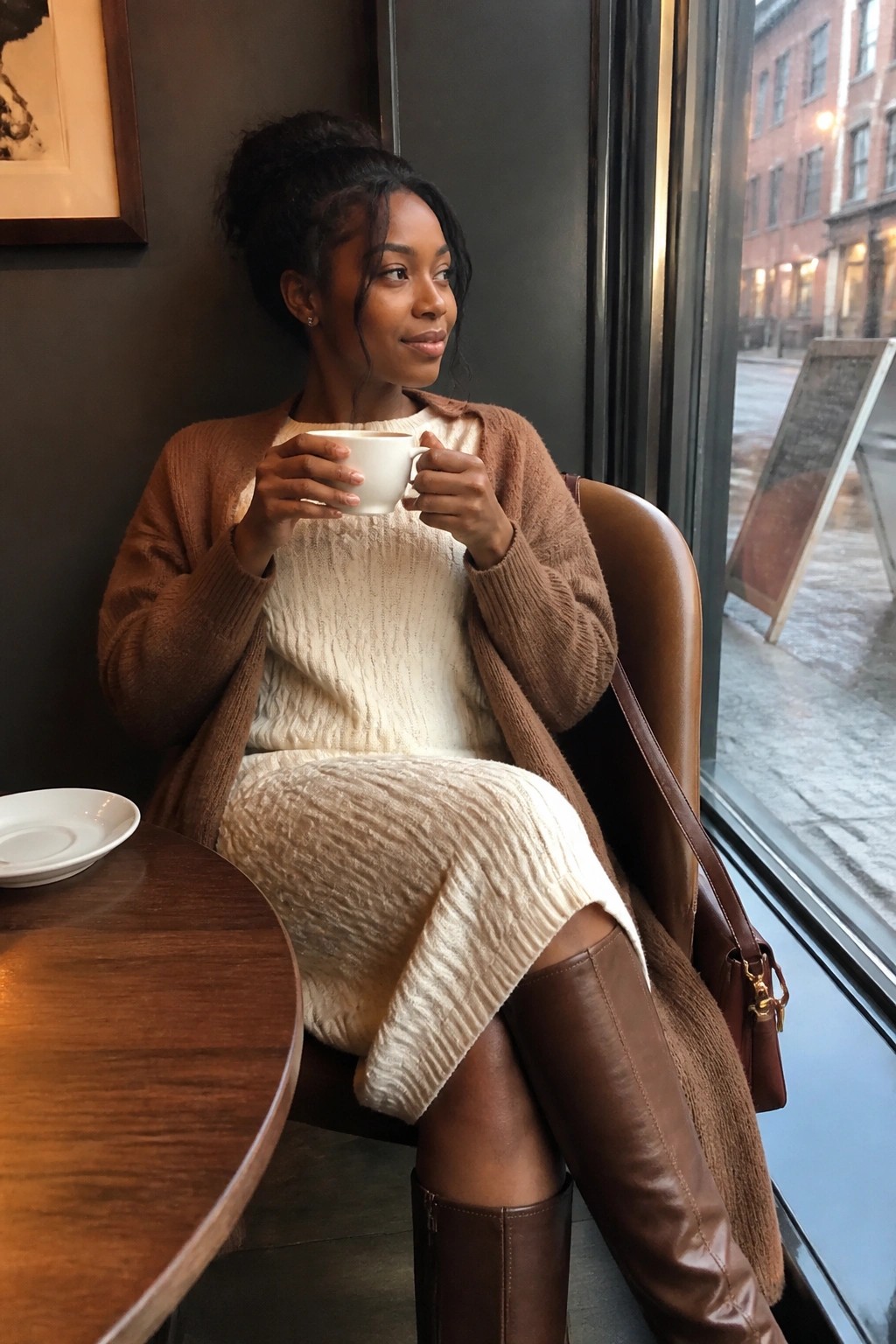 Woman in cream knit dress and brown cardigan holding coffee by cafe window.