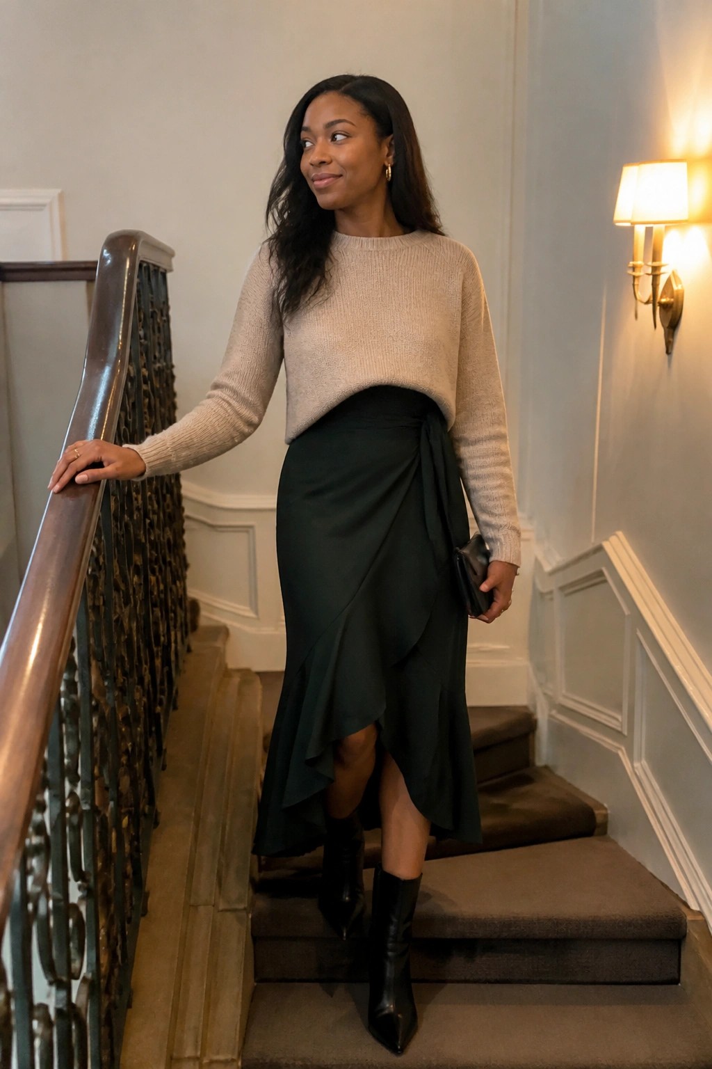 Woman in beige sweater and dark green wrap skirt on staircase holding clutch