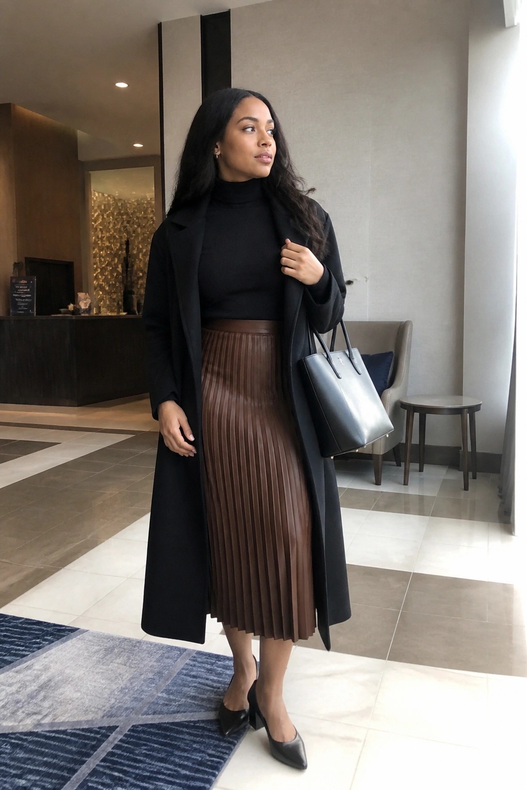 Woman in black coat and brown pleated skirt holding handbag in modern lobby.