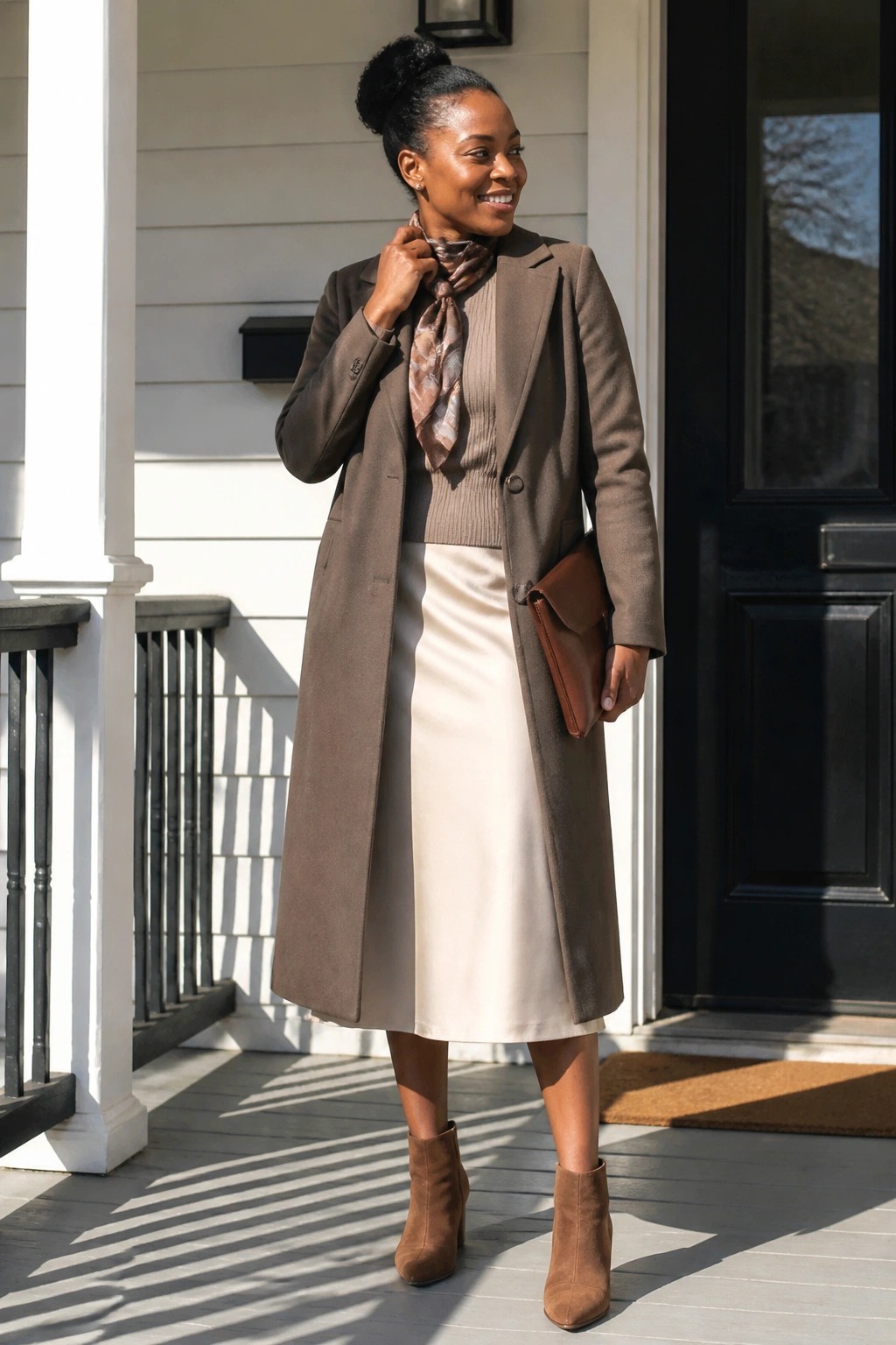 Black woman in long taupe coat over beige ribbed sweater and cream satin midi skirt with patterned neck scarf brown suede ankle boots and matching clutch standing on porch steps