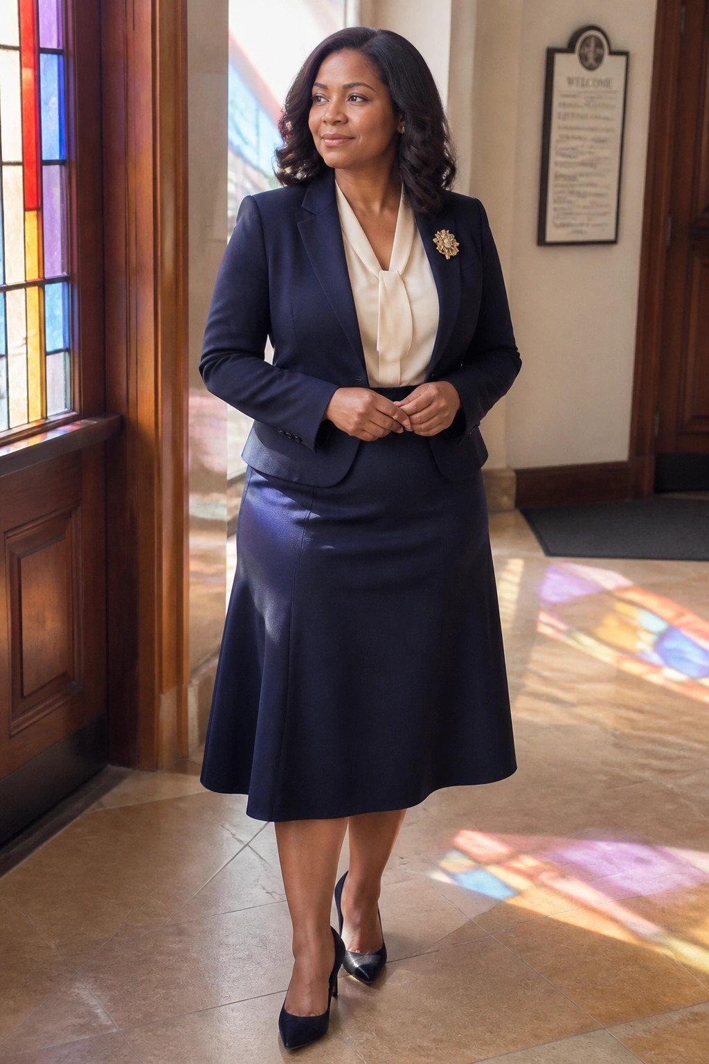 Woman in navy suit and cream blouse with brooch in sunlit historic hallway
