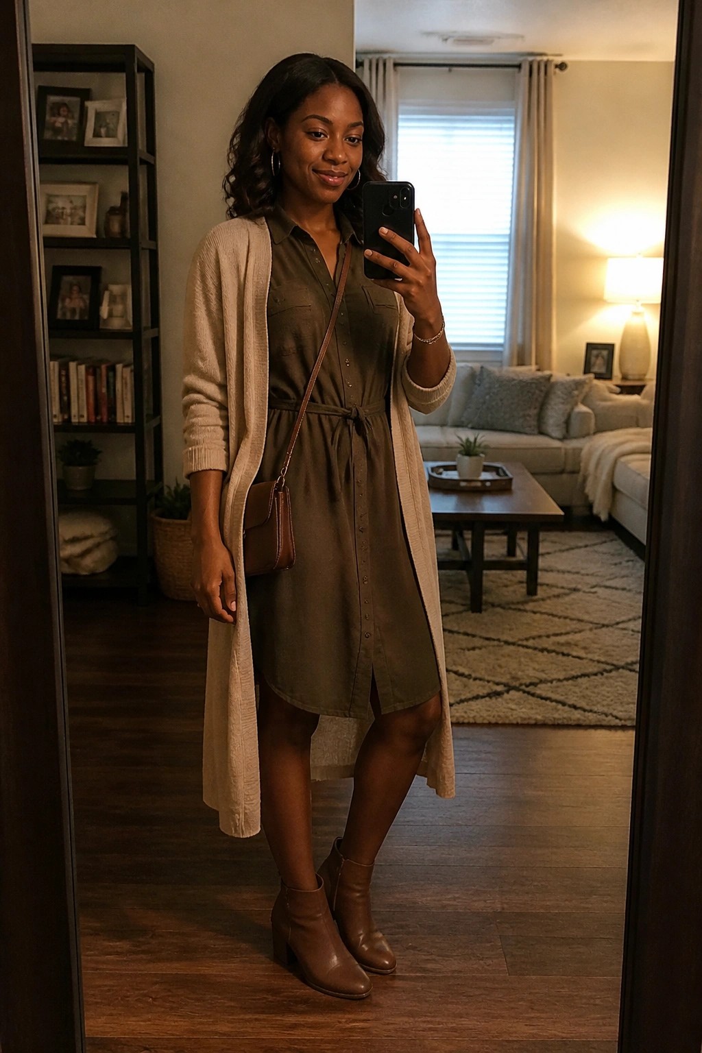 Woman in olive dress and beige cardigan taking mirror selfie in living room