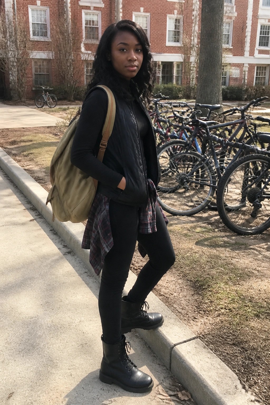 Woman in black leggings, long sleeve top, black vest, plaid shirt tied at waist, black combat boots, and beige backpack standing outdoors.