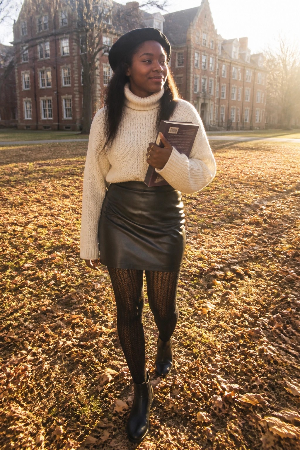 Woman in cream sweater, black beret, and leather skirt holds book on autumn lawn.