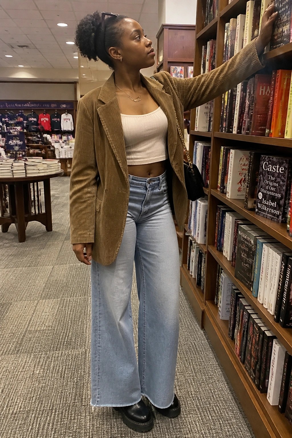 Woman in brown corduroy blazer and wide-leg jeans reaches for book in bookstore