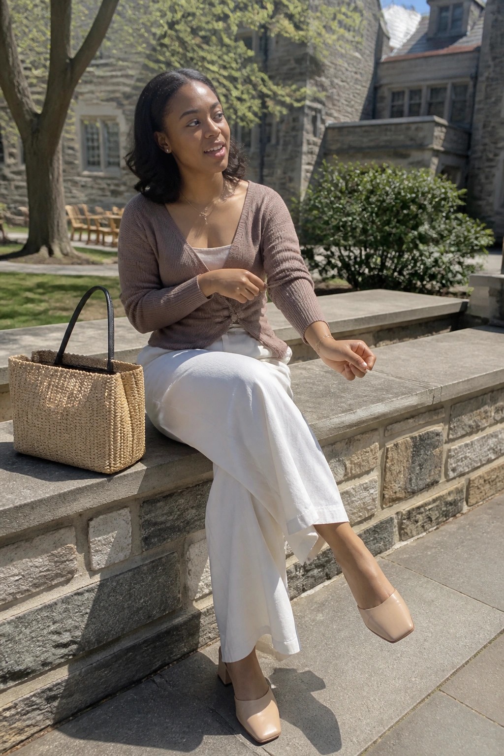 Smiling woman in taupe cardigan and white pants on stone ledge with woven bag.
