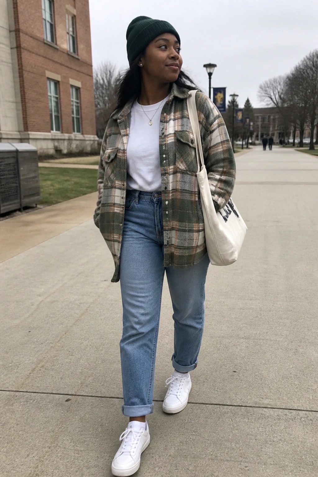 Woman wearing green plaid flannel shirt over white t-shirt, blue straight leg jeans cuffed at the ankle, white sneakers, green beanie, and white tote bag standing on a campus walkway.
