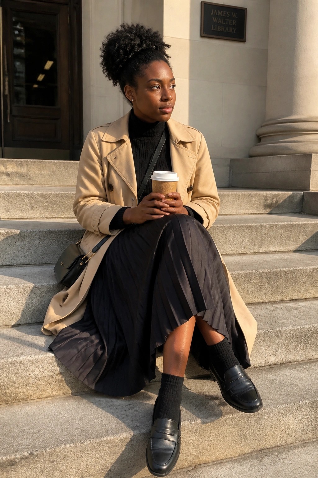 A Black woman sitting on stone steps wearing a beige trench coat over a black turtleneck and pleated black skirt with black loafers and socks, holding a coffee cup.