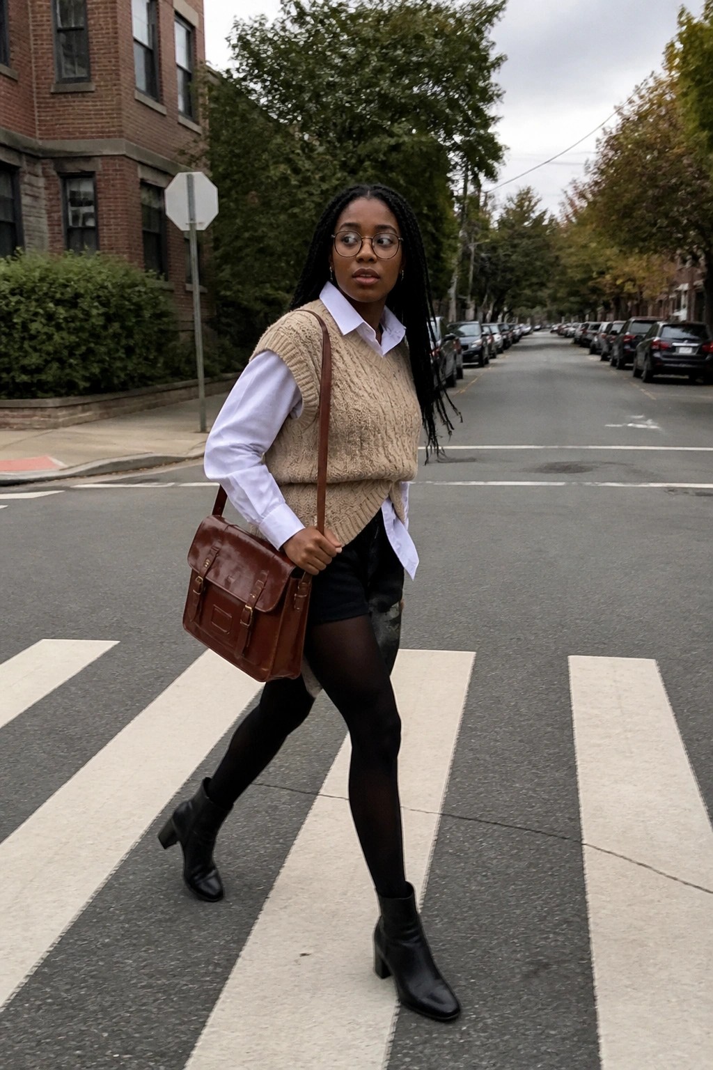 Woman in beige knit vest and black boots crosses street with brown satchel