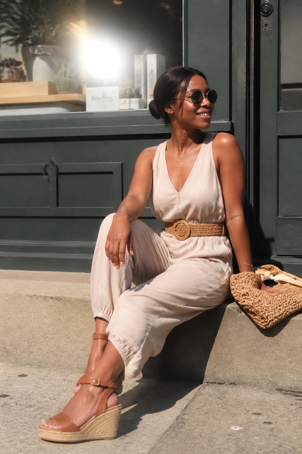 Woman in beige jumpsuit with woven belt and wedge sandals on sunny steps
