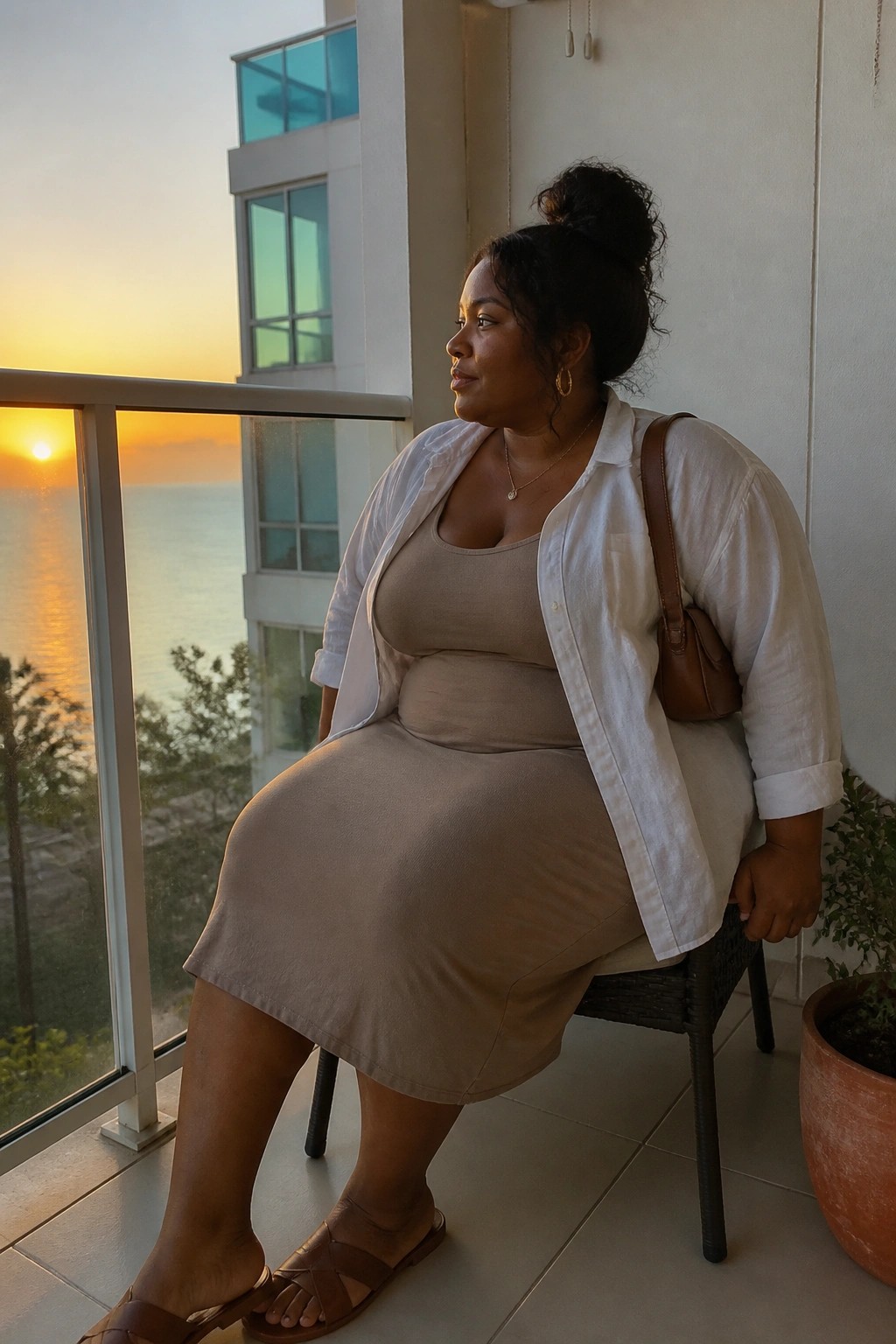 Woman in beige dress and white shirt seated on balcony at ocean sunset
