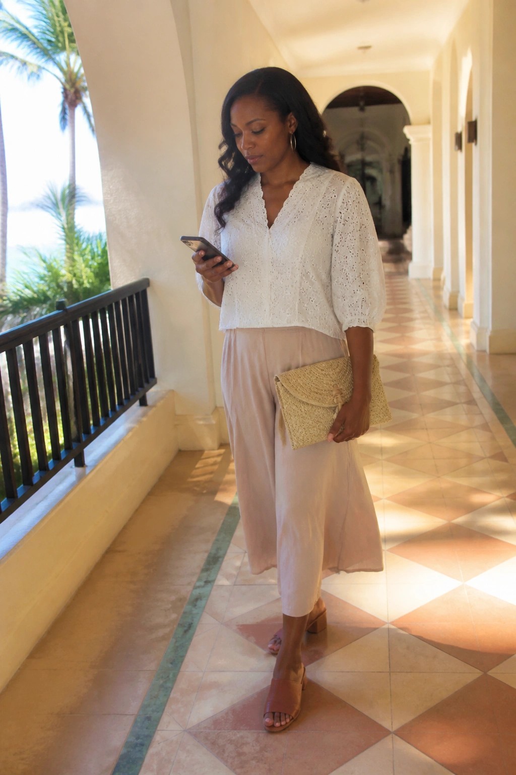 Black woman in white eyelet V neck blouse with three quarter sleeves tucked into wide leg beige trousers holding a woven clutch and wearing brown block heel sandals.