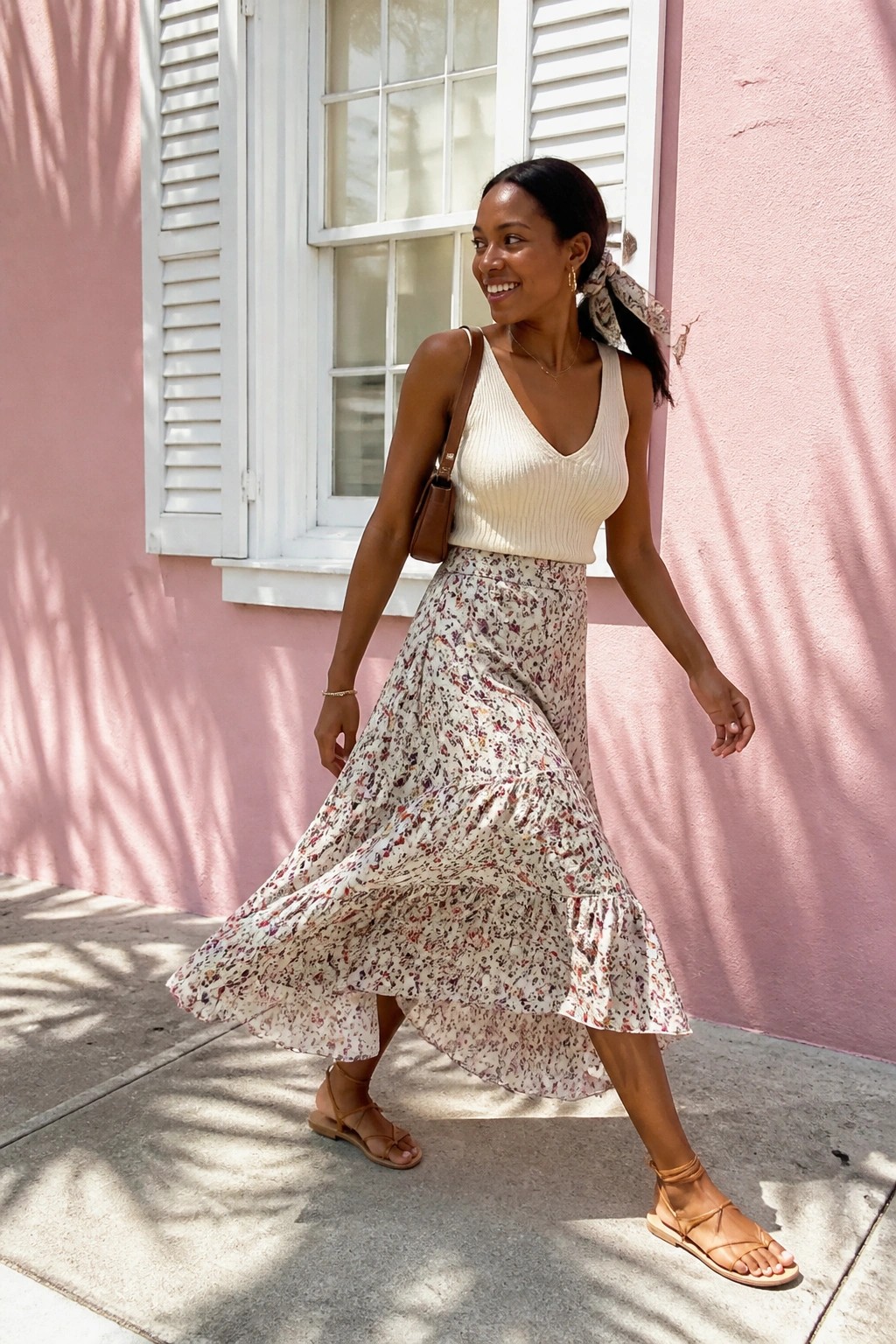 Woman in cream ribbed tank top, floral tiered midi skirt, brown strappy sandals, and patterned hair scarf with brown crossbody bag.
