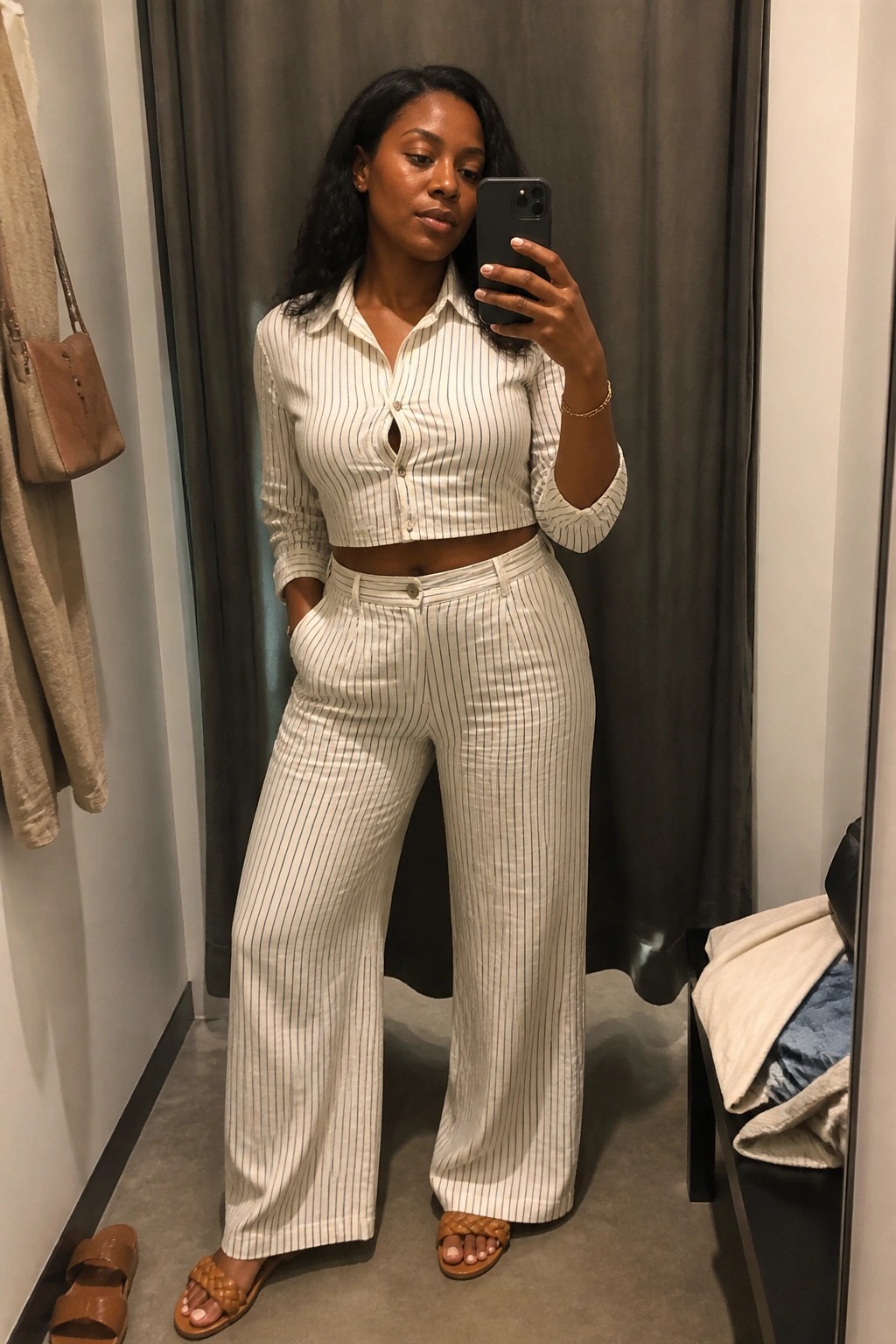Woman in white pinstriped crop top and wide-leg pants taking mirror selfie