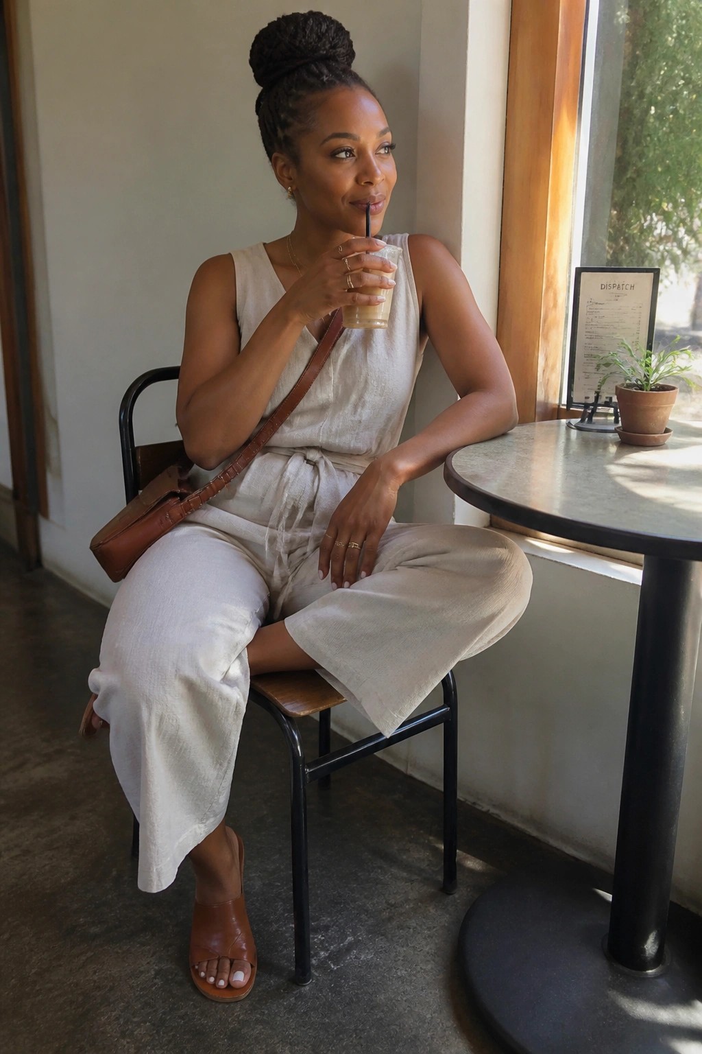 Woman wearing a cream sleeveless linen jumpsuit with wide legs and a waist tie, paired with a brown leather crossbody bag and matching heeled sandals, seated at a table with an iced drink.