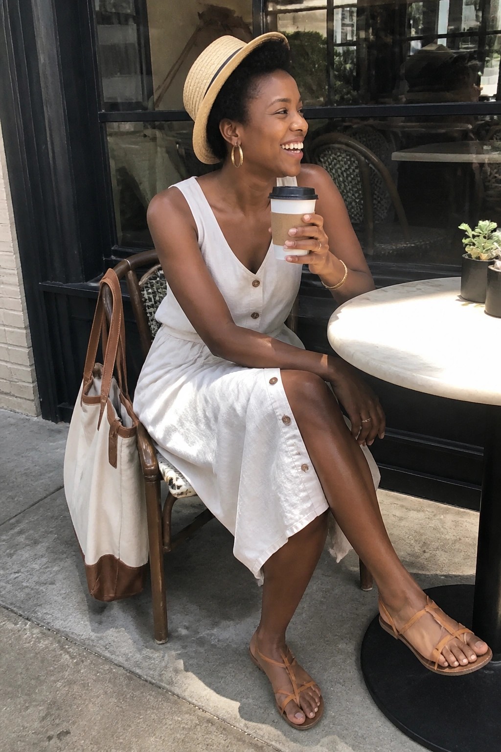 Smiling woman in white dress and straw hat holding coffee at outdoor cafe