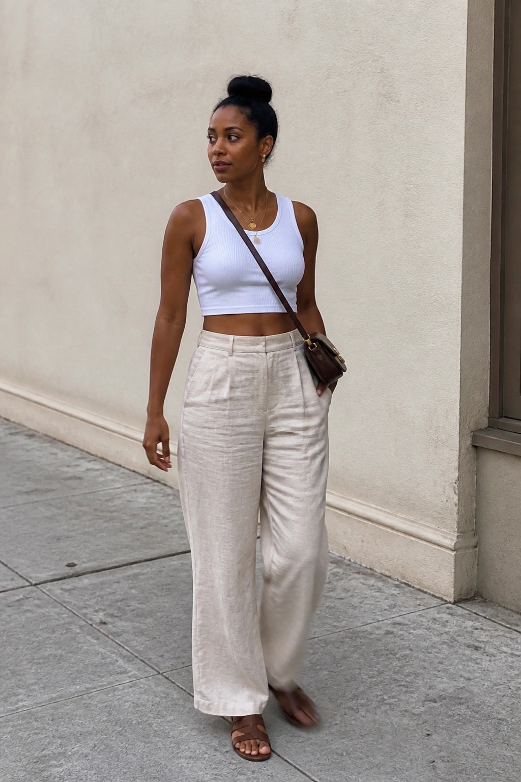Woman in white crop top and beige wide-leg pants with brown crossbody bag