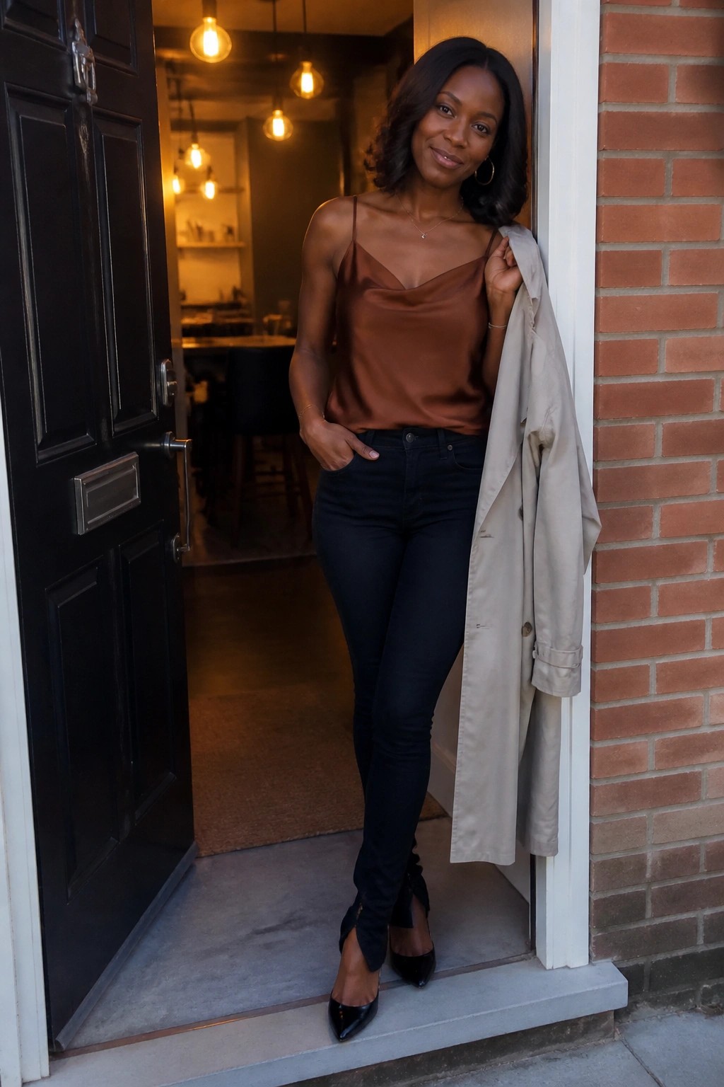 Woman in brown satin top and black jeans holding beige coat in doorway
