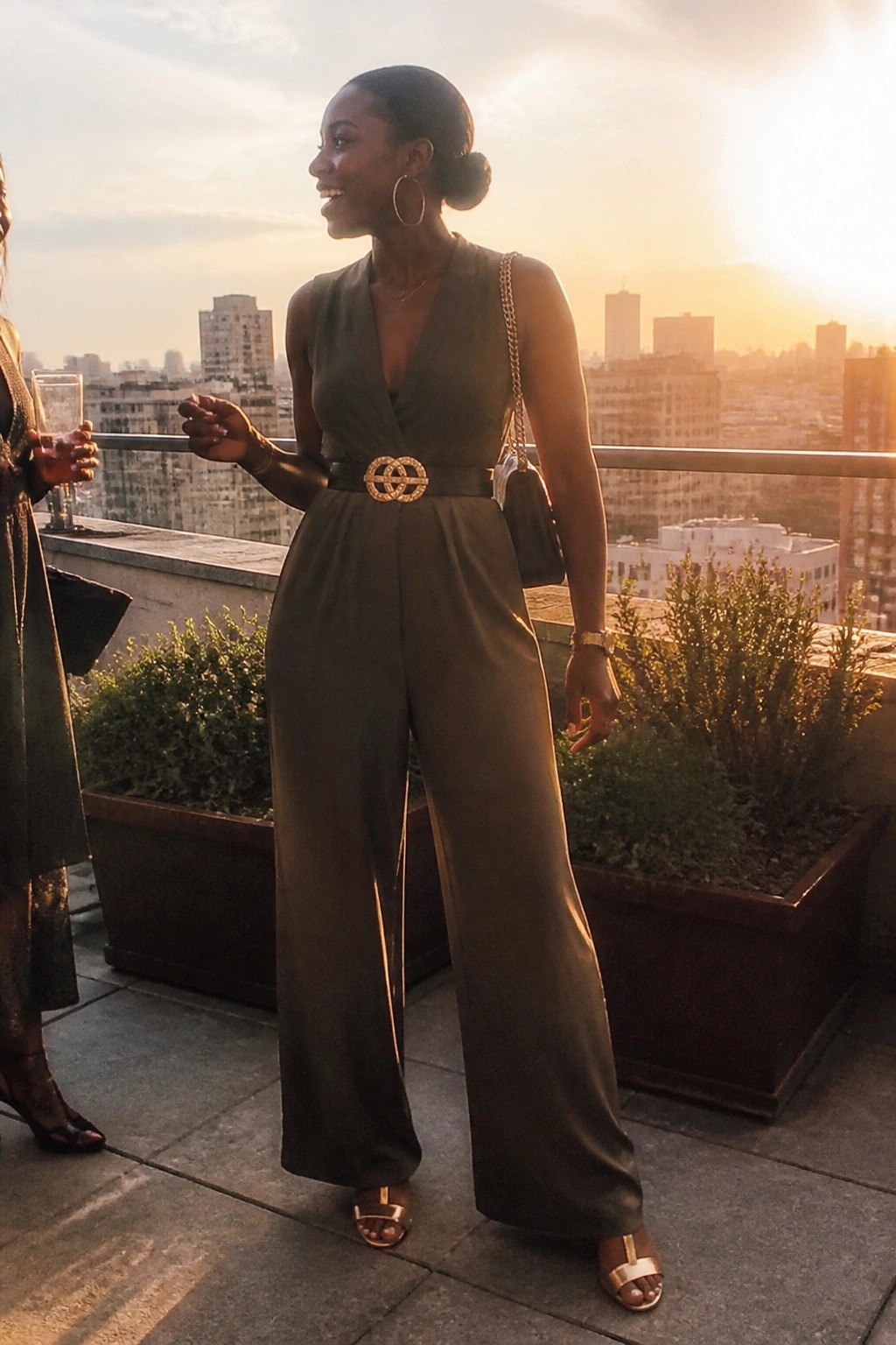Woman wearing an olive green sleeveless jumpsuit with wide legs, deep V neckline, black belt featuring a large gold circular buckle, gold chain strap bag, gold hoop earrings, and gold strappy sandals, standing on a rooftop with city buildings in the background.
