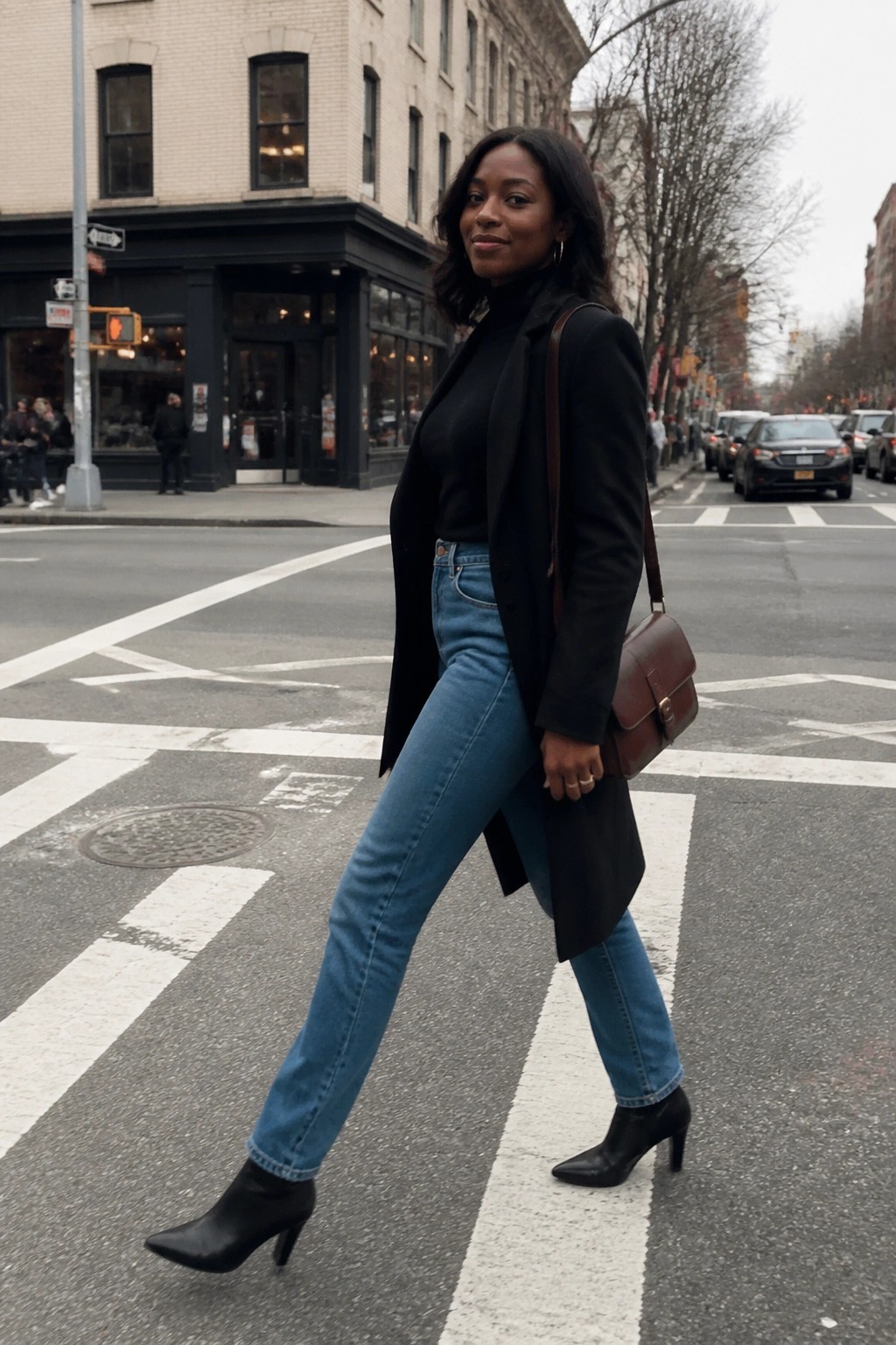 Woman in black coat and jeans crossing urban street with brown leather bag