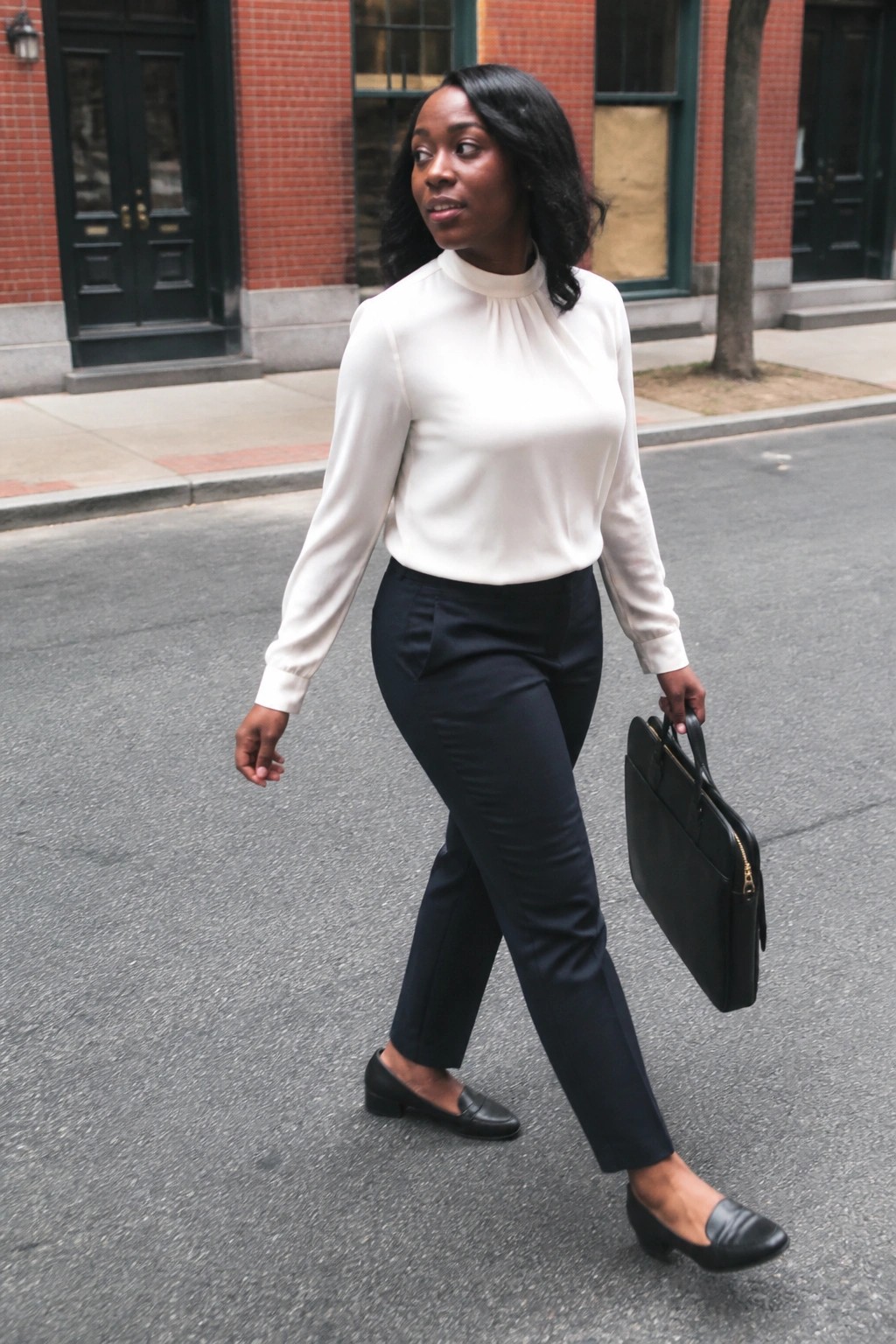 Woman in white blouse and black pants carrying briefcase on city street.