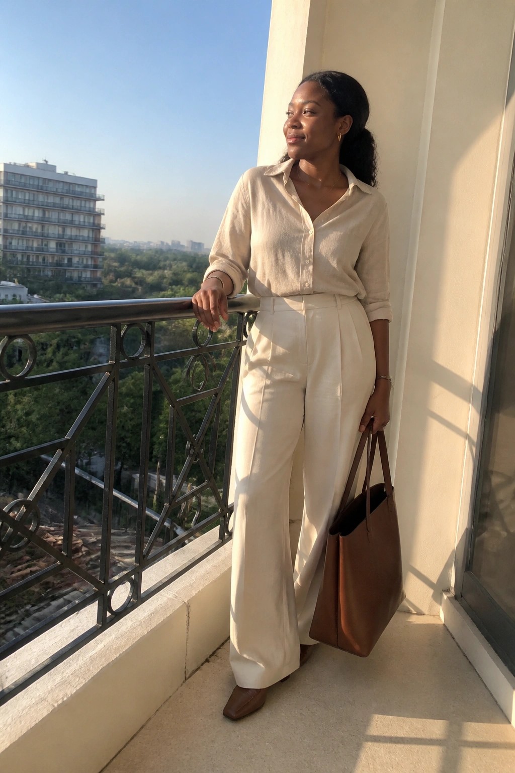 Woman in cream shirt and wide pants holding brown tote on sunny balcony