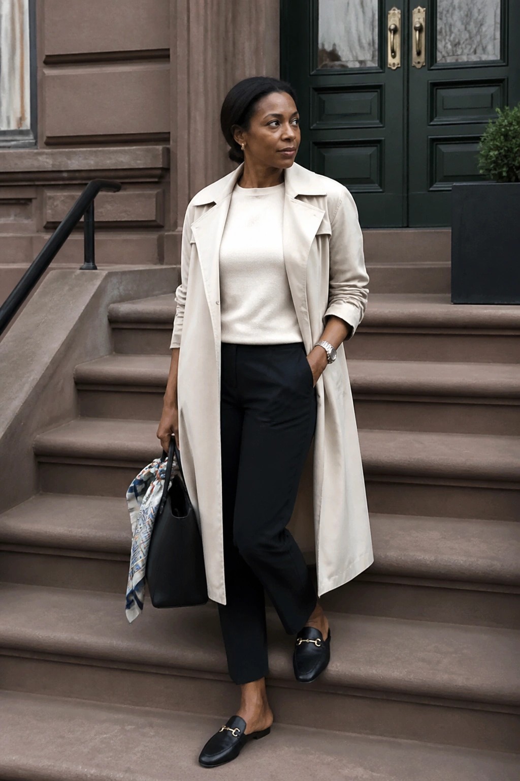 Woman in beige trench coat, cream sweater, and black pants on stone steps with bag