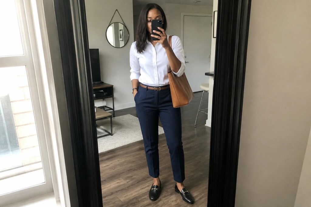 20 Practical Workwear Outfits for Black Women for Busy Office Days Woman in white shirt and navy pants taking mirror selfie with brown bag