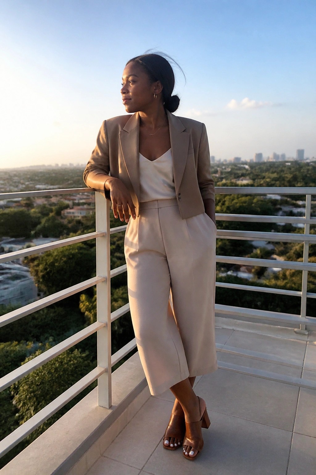 Woman in beige pantsuit leaning on balcony overlooking city skyline at sunset.