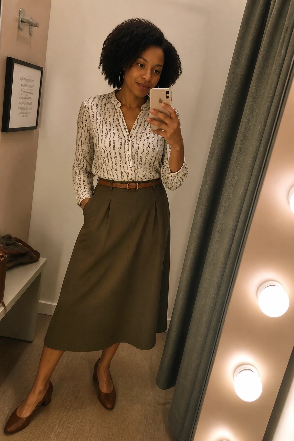 Black woman in a white button down blouse with black chain print tucked into an olive green midi A line skirt with brown belt and brown pointed toe heels taking a mirror selfie.