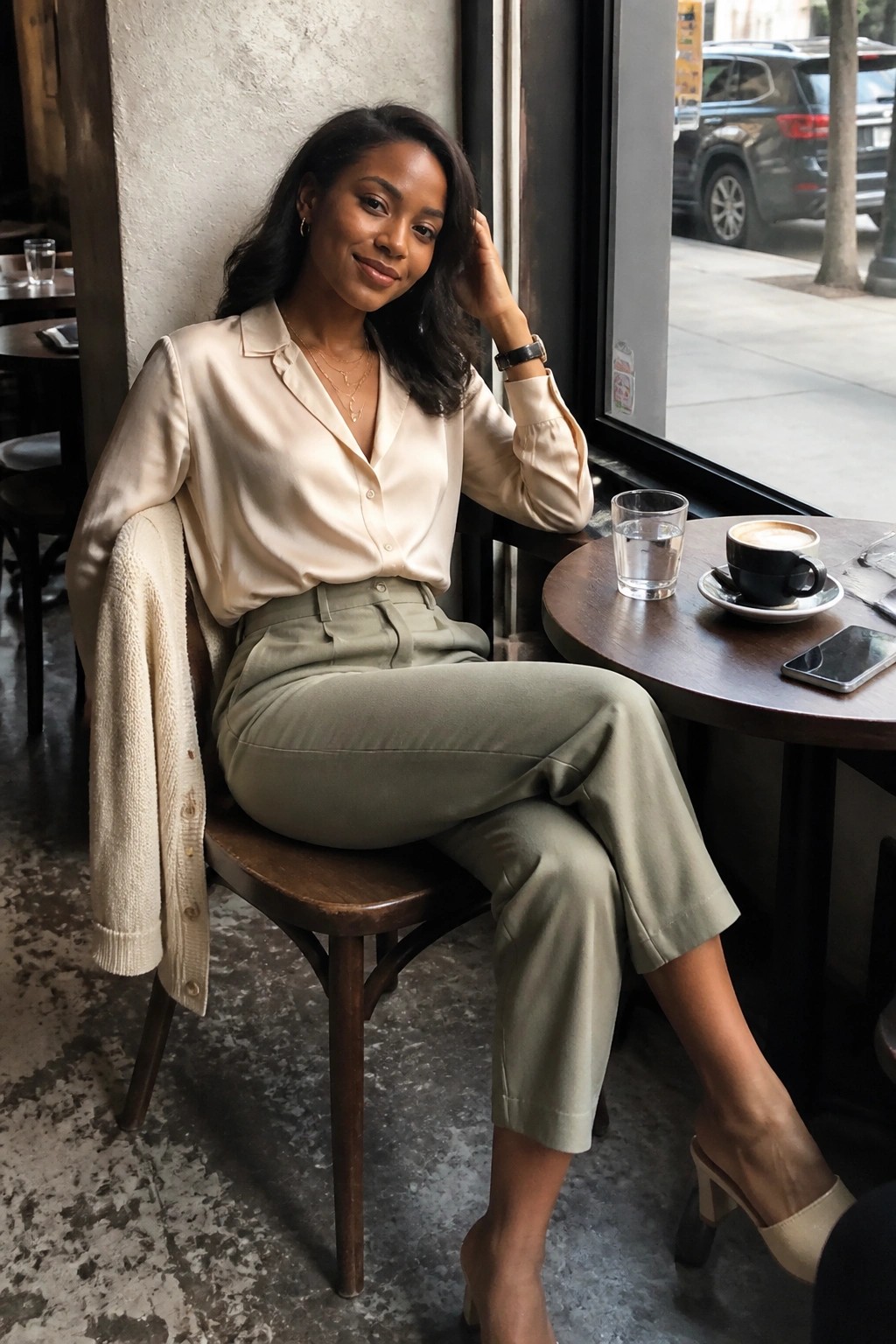 Woman in beige satin blouse and olive pants seated at cafe table by window.