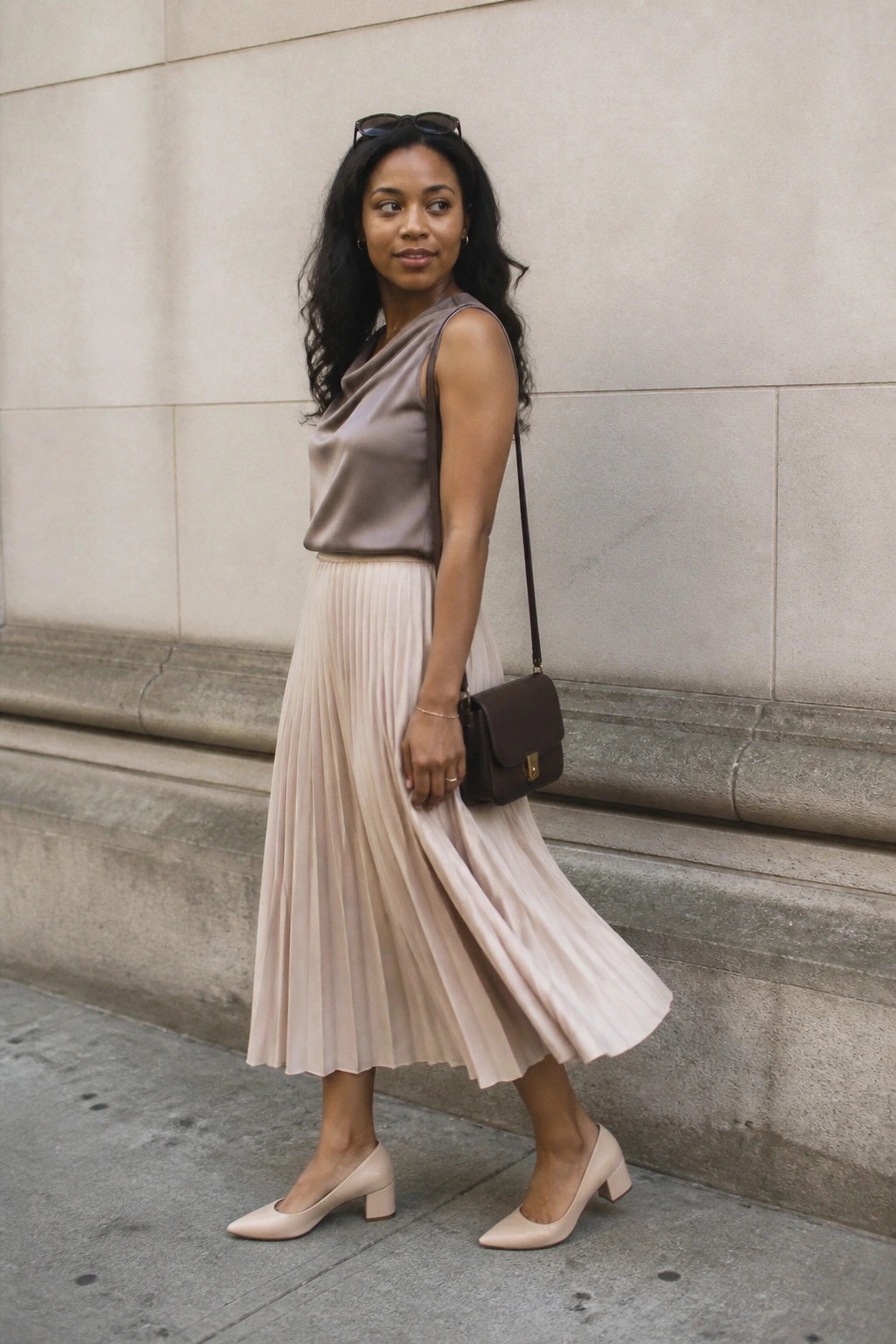 Woman in pleated beige skirt and taupe satin top on city sidewalk with crossbody bag.
