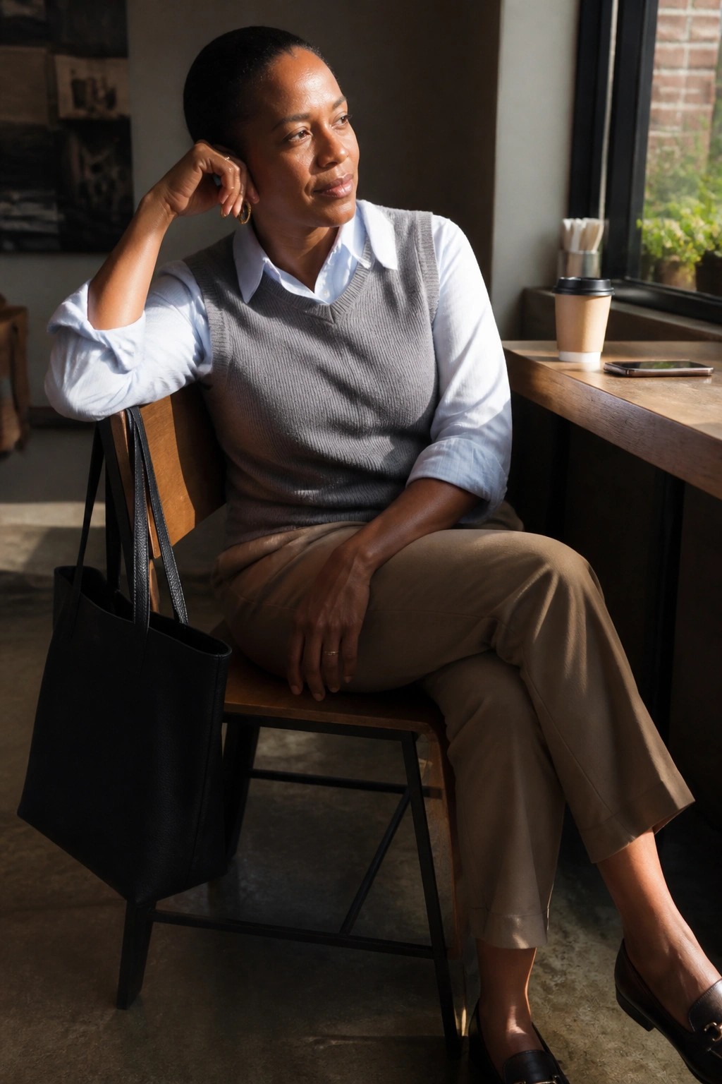 Woman wearing light blue button up shirt under gray sweater vest with taupe wide leg trousers brown loafers and black tote bag.