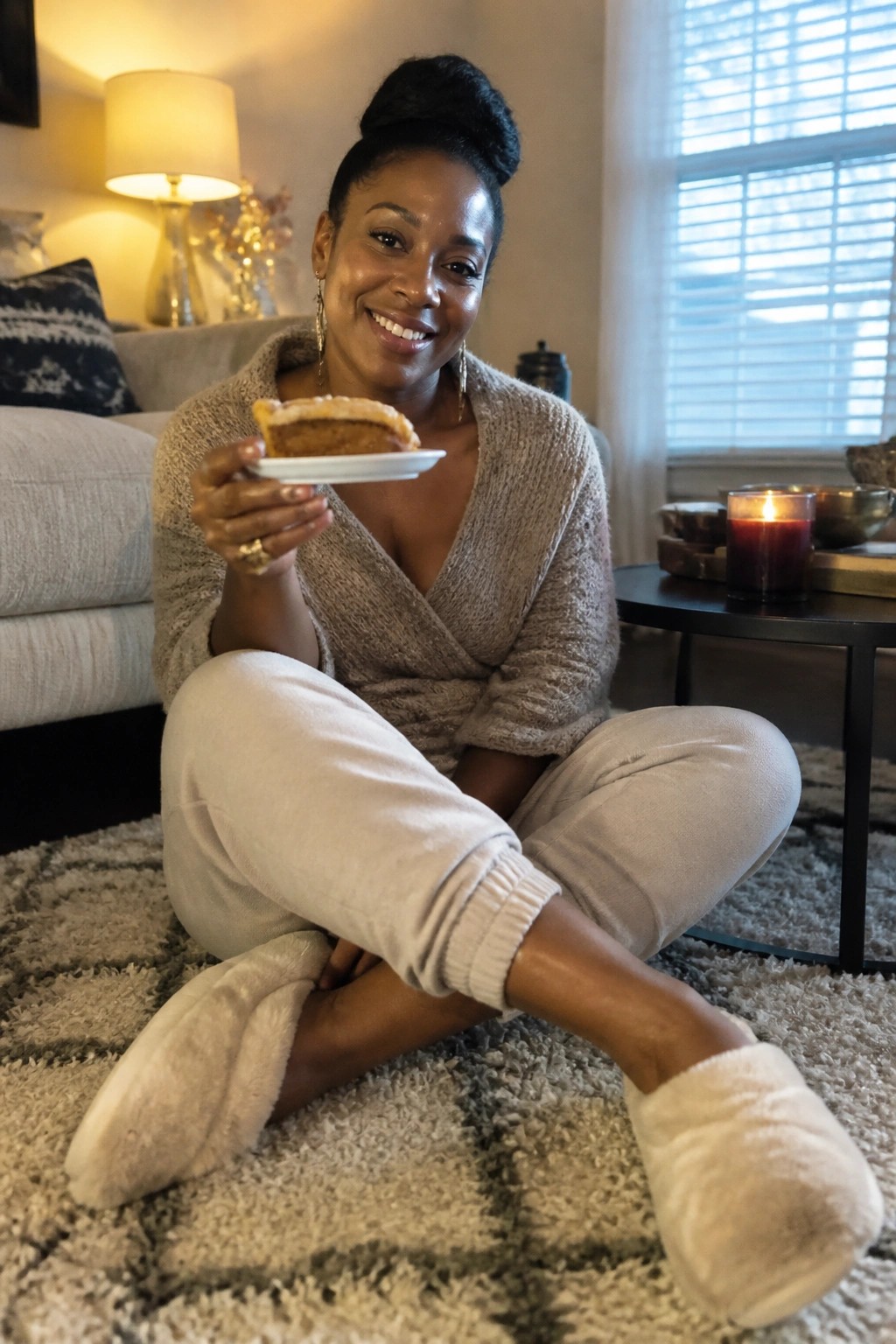 Smiling woman in beige sweater holds pie slice on cozy living room floor
