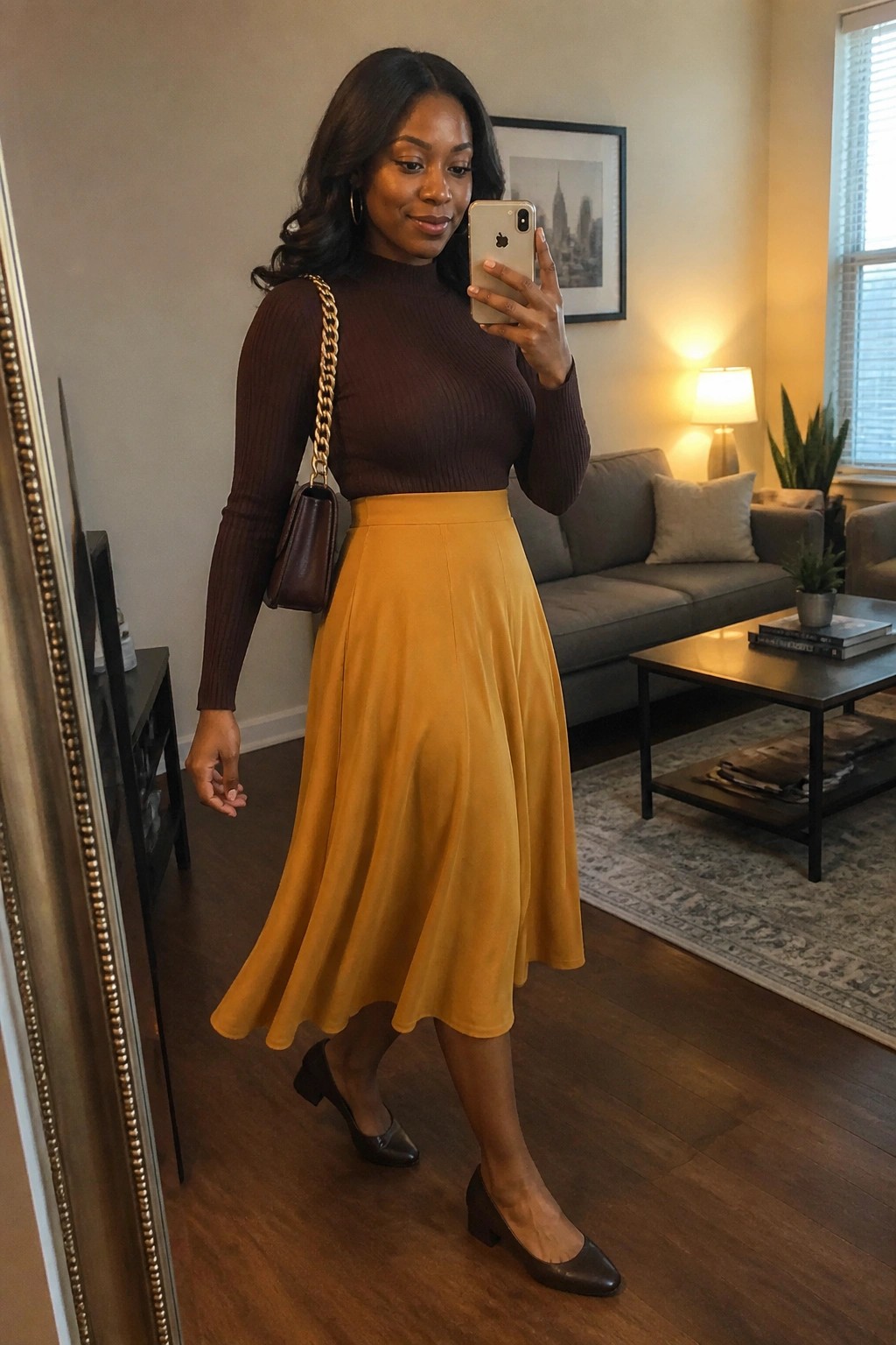 A Black woman in a brown ribbed turtleneck sweater and flowing mustard yellow midi skirt with brown block heel shoes and a small brown chain strap bag taking a mirror selfie indoors.